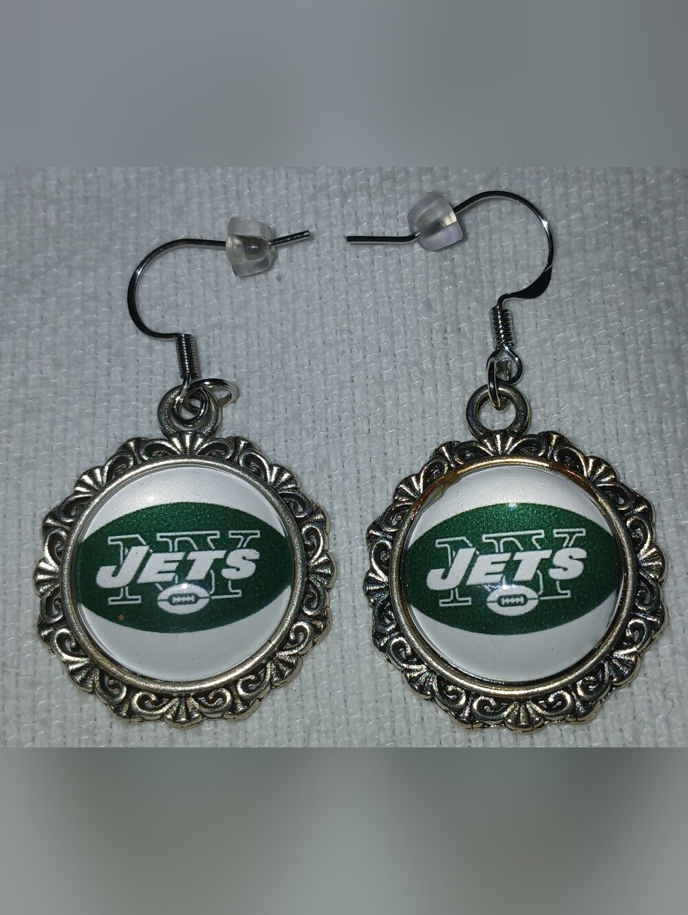 NWT Handcrafted Silver-Tone Dangle Earrings - Green White Team Logo
